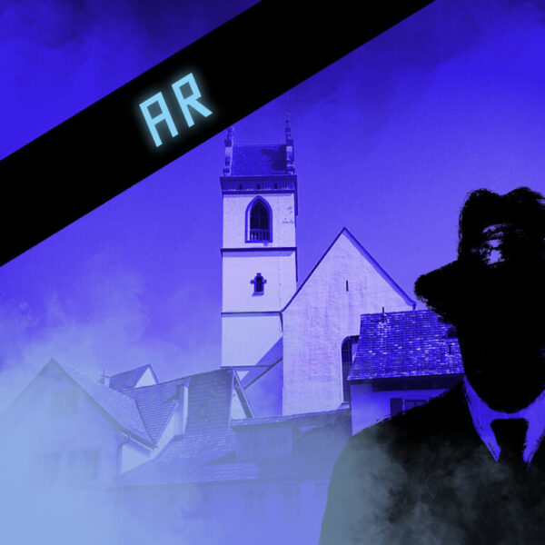 Dies ist das Titelbild des Find-the-Code Aarau Spiel mit Augmented Reality - Co2-Attacke. Dieses Bild zeigt den verrückten Kriminellen von Find-the-Code, dem Outdoor Escape Game, als Schatten vor der Altstadt in Aarau. Im Hintergrund ist die Stadtkirche zu sehen.