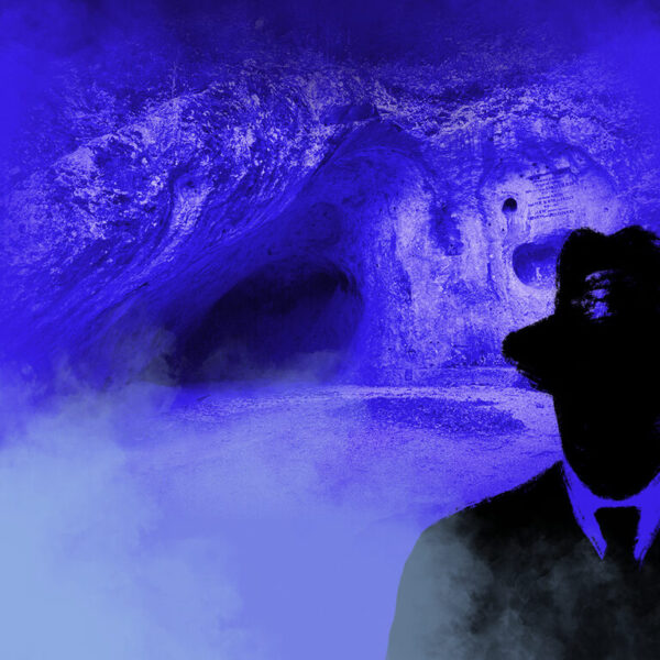 Dies ist das Titelbild des Find-the-Code Arbon Standard Spiel - Aufstieg zum Google-Thron. Dieses Bild zeigt den verrückten Kriminellen von Find-the-Code, dem Outdoor Escape Game, als Schatten vor einer Grotte in Arlesheim. Im Hintergrund ist der Eingang zu einer Grotte im Ermitage zu sehen.