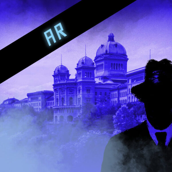 Dies ist das Titelbild des Find-the-Code Bern Spiel mit Augmented Reality- Gespenstische Ecken. Dieses Bild zeigt den verrückten Kriminellen von Find-the-Code, dem Outdoor Escape Game, als Schatten vor dem Bundeshaus in Bern. Im Hintergrund ist das Bundeshaus mit der Bundesterrasse zu sehen.