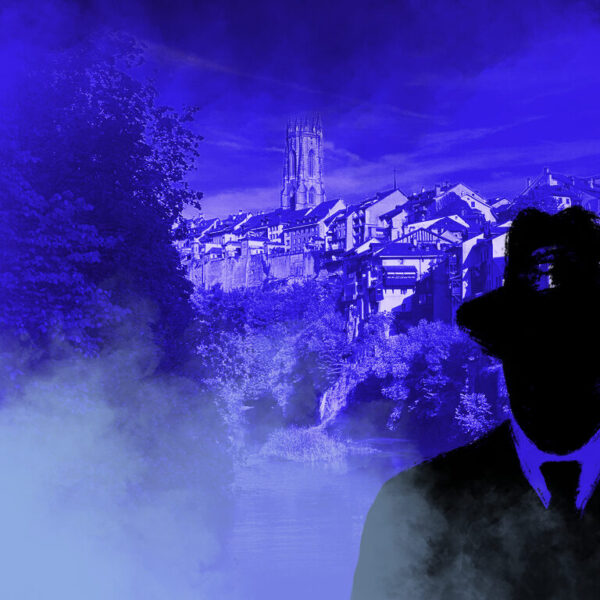 Dies ist das Titelbild des Find-the-Code Fribourg Standard Spiel - Die feuerspuckende Bedrohung. Dieses Bild zeigt den verrückten Kriminellen von Find-the-Code, dem Outdoor Escape Game, als Schatten vor der Freiburger Altstadt. Im Hintergrund ist die Kathedrale St. Nicolas zu sehen.