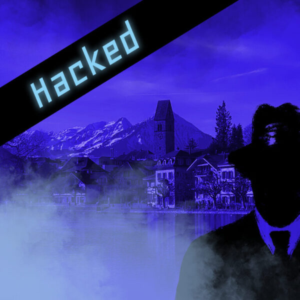 Dies ist das Titelbild des Find-the-Code Interlaken Spiel - Hacked. Dieses Bild zeigt den verrückten Kriminellen von Find-the-Code, dem Outdoor Escape Game, als Schatten vor der Altstadt in Unterseen (Interlaken). Im Hintergrund ist die Kirche zu sehen.