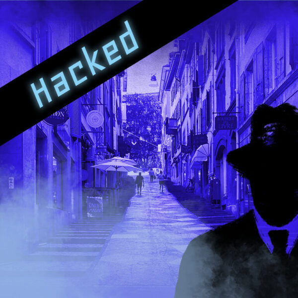 Dies ist das Titelbild des Find-the-Code Neuenburg Spiel - Hacked. Dieses Bild zeigt den verrückten Kriminellen von Find-the-Code, dem Outdoor Escape Game, als Schatten vor der Altstadt in Neuenburg. Im Hintergrund ist die Gasse Rue des Chavannes zu sehen.