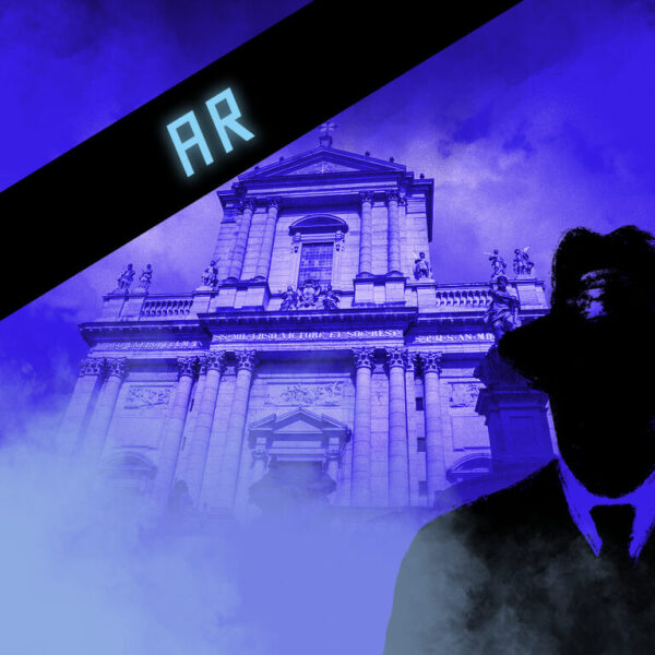 Dies ist das Titelbild des Find-the-Code Solothurn Spiel mit Augemented Reality - Verlorene Geschichte. Dieses Bild zeigt den verrückten Kriminellen von Find-the-Code, dem Outdoor Escape Game, als Schatten vor der Altstadt in Solothurn. Im Hintergrund ist die St. Ursen Kathedrale zu sehen.