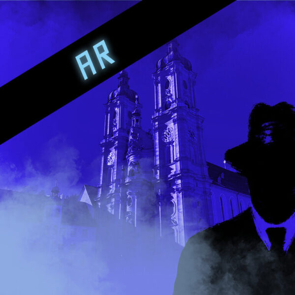 Dies ist das Titelbild des Find-the-Code St. Gallen Spiel mit Augmented Reality - Aufstand gegen das Heiligtum. Dieses Bild zeigt den verrückten Kriminellen von Find-the-Code, dem Outdoor Escape Game, als Schatten vor der Altstadt in St. Gallen. Im Hintergrund ist das Kloster zu sehen.