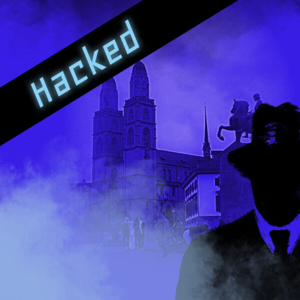 Dies ist das Titelbild des Find-the-Code Zürich Spiel - Hacked. Dieses Bild zeigt den verrückten Kriminellen von Find-the-Code, dem Outdoor Escape Game, als Schatten vor der Zürcher Altstadt. Im Hintergrund ist das Grossmünster zu sehen.