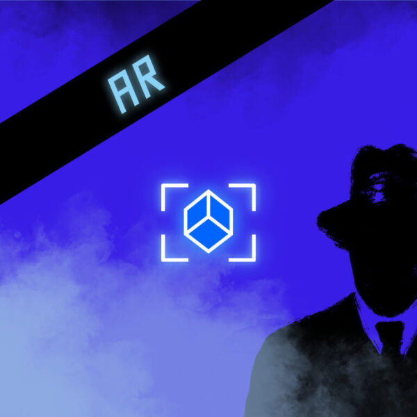 Dies ist das Titelbild der Find-the-Code Spiele mit Augmented Reality. Dieses Bild zeigt den verrückten Kriminellen von Find-the-Code, dem Outdoor Escape Game, als Schatten vor einem blauen Hintergrund mit Rauch. In der Mitte ist ein Scan Symbol zu sehen.