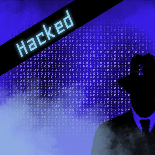 Dies ist das Titelbild der Find-the-Code Spiele mit dem Fall Hacked. Dieses Bild zeigt den verrückten Kriminellen von Find-the-Code, dem Outdoor Escape Game, als Schatten vor einem blauen Hintergrund mit binär Code und Rauch.