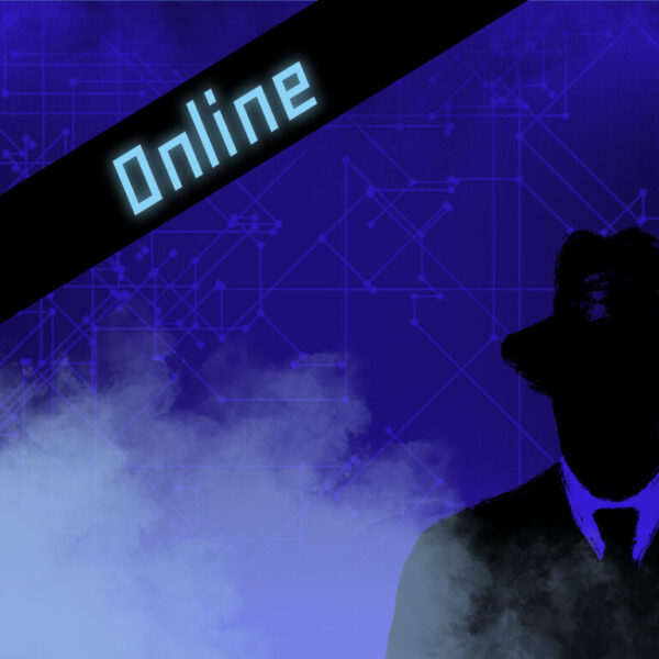 Dies ist das Titelbild der Find-the-Code Online Spiele. Dieses Bild zeigt den verrückten Kriminellen von Find-the-Code, dem Outdoor Escape Game, als Schatten vor einem blauen Hintergrund mit einem Netzwerk und Rauch.