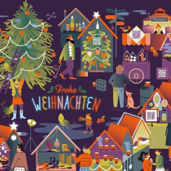 Dies ist das Titelbild des interaktiven Rätsel-Krimis Weihnachtschaos. Es zeigt eine Szene auf dem Weihnachtsmarkt, auf dem verschiedene Stände und ein grosser Tannenbaum zu sehen sind.