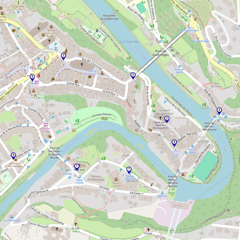 find-the-code-karte-fribourg-standard Dieses Bild zeigt die Vorschau der einzelnen Rätselstandorte des Find-the-Code Standard in Fribourg, dem Outdoor Escape Game mit dem verrückten Kriminellen. Es ist ein Ausschnitt aus der Karte von Arbon zu sehen mit schwarzen Kreisen, welche die einzelnen Rätsel verorten. Die Zahlen gehen von 1 bis 9.