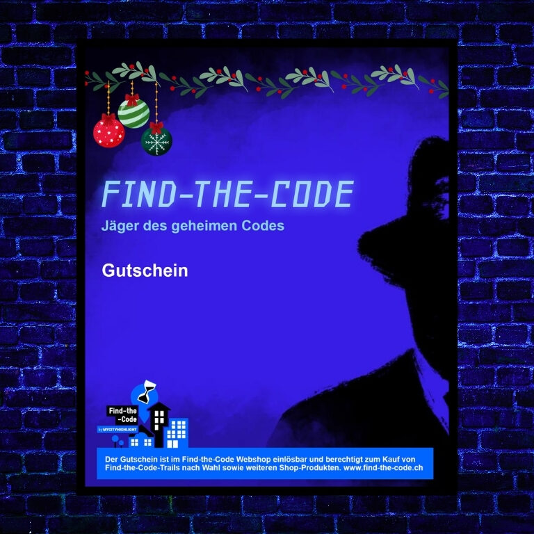 Auf dem Bild sieht man eine Steinwand in Blautönen. Darauf hängt wie ein Poster das Bild des Find-the-Code Weihnachts Gutscheins auf dem der Schatten des Kriminellen auf blauem Hintergrund zu sehen ist. Am oberen Rand hat es Mistelzweige und Christbaumkugeln.