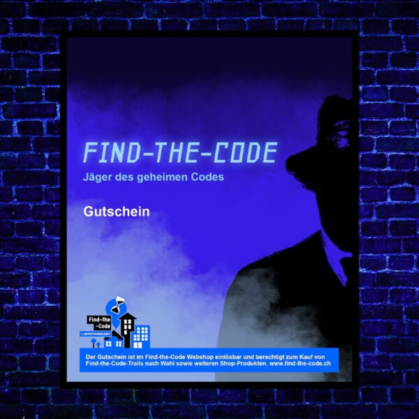 Auf dem Bild sieht man eine Steinwand in Blautönen. Darauf hängt wie ein Poster das Bild des Find-the-Code Gutscheins auf dem der Schatten des Kriminellen auf blauem Hintergrund zu sehen ist.