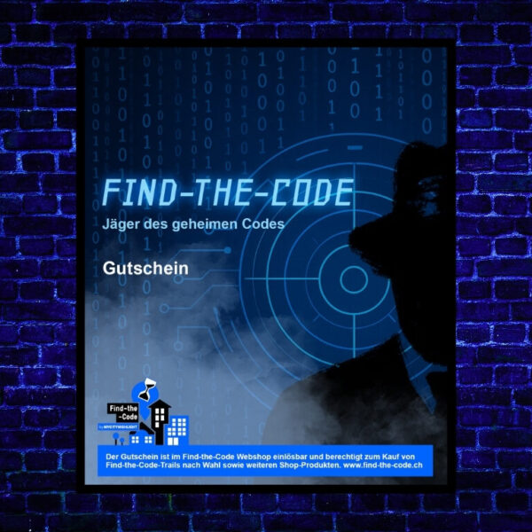Auf dem Bild sieht man eine Steinwand in Blautönen. Darauf hängt wie ein Poster das Bild des Find-the-Code Matrix Gutscheins auf dem der Schatten des Kriminellen auf blauem Hintergrund zu sehen ist.