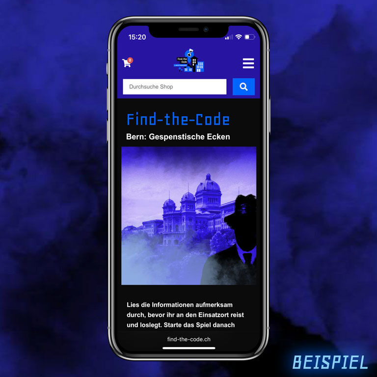 find-the-code-chat-blick-ins-spiel-standard 2 Auf dem Bild sieht man einen Handybildschirm auf einem blauen rauchigen Hintergrund. Auf dem Handy sieht man die Spielanleitung des Spiels Find-the-Code.