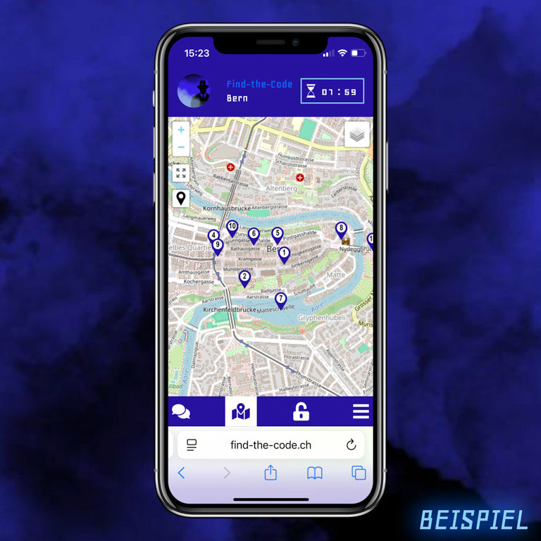 find-the-code-chat-blick-ins-spiel-standard 4 Auf dem Bild sieht man einen Handybildschirm auf einem blauen rauchigen Hintergrund. Auf dem Handy sieht man die Karte von Bern des Spiels Find-the-Code.