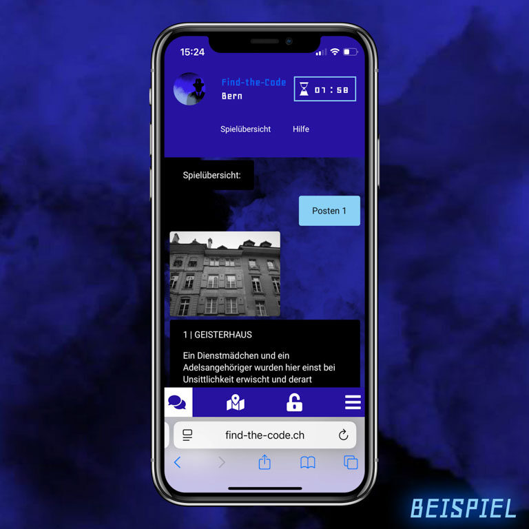 Auf dem Bild sieht man einen Handybildschirm auf einem blauen rauchigen Hintergrund. Auf dem Handy sieht man den Chat mit dem Kriminellen des Spiels Find-the-Code.