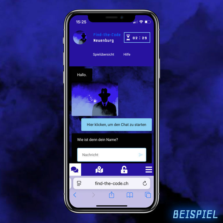 find-the-code-chat-blick-ins-spiel-standard 7 Auf dem Bild sieht man einen Handybildschirm auf einem blauen rauchigen Hintergrund. Auf dem Handy sieht man den Start des Chats mit dem Kriminellen des Spiels Find-the-Code.