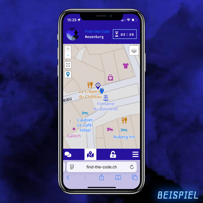 find-the-code-chat-blick-ins-spiel-hacked-karte Auf dem Bild sieht man einen Handybildschirm auf einem blauen rauchigen Hintergrund. Auf dem Handy sieht man die Karte des Fall Hacked des Spiels Find-the-Code.