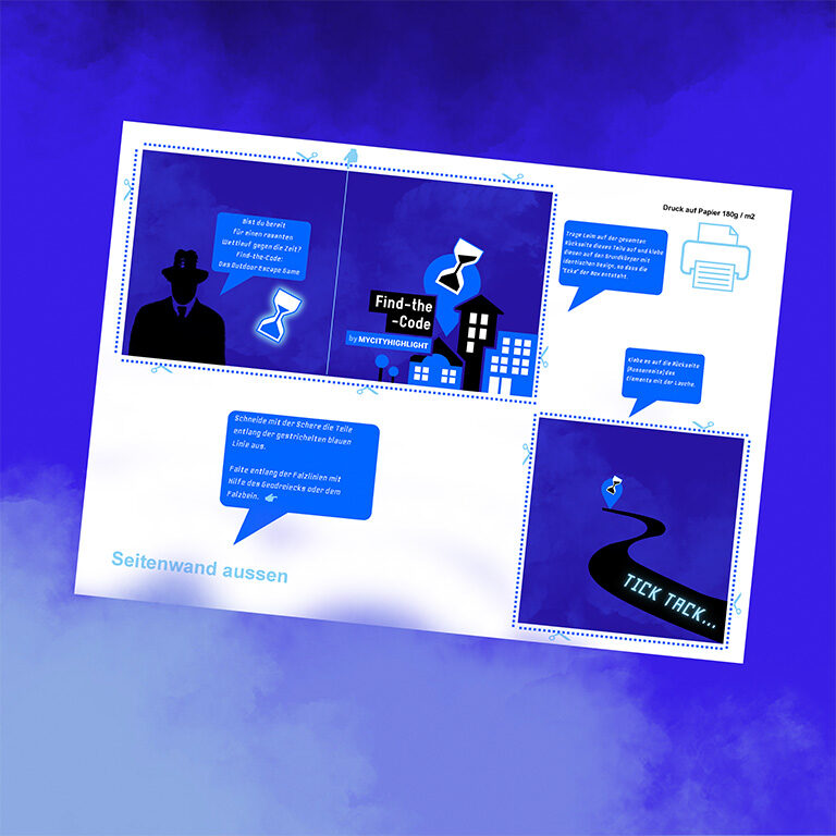 Blauer Rauchhintergrund mit Blick auf die Bastelvorlage PDF der DIY-Explosions-Geschenkbox von Find-the-Code, mit geöffneter Box und detaillierten Fächern.