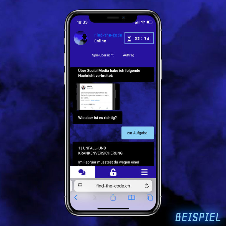 find-the-code-chat-spiel-1 Auf dem Bild sieht man einen Handybildschirm auf einem blauen rauchigen Hintergrund. Auf dem Handy sieht man den Chat mit dem Kriminellen des Spiels Find-the-Code.
