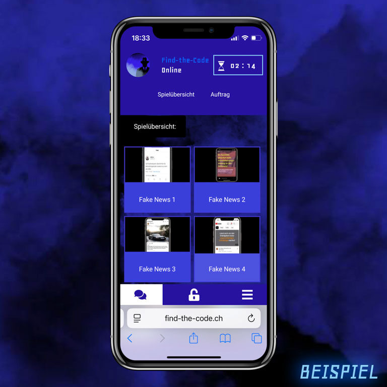find-the-code-chat-spiel-12 Auf dem Bild sieht man einen Handybildschirm auf einem blauen rauchigen Hintergrund. Auf dem Handy sieht man den Chat mit dem Kriminellen des Spiels Find-the-Code.