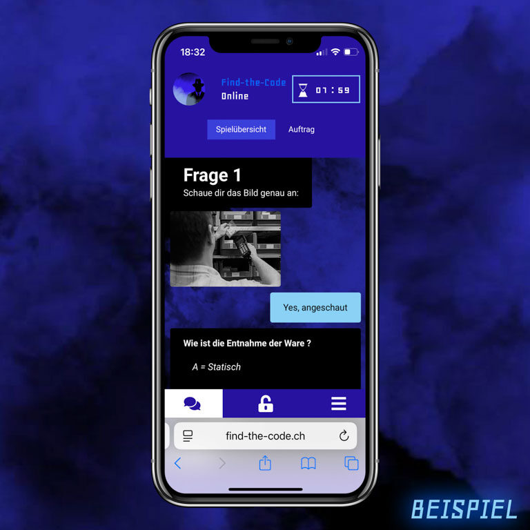 find-the-code-chat-spiel-13 Auf dem Bild sieht man einen Handybildschirm auf einem blauen rauchigen Hintergrund. Auf dem Handy sieht man den Chat mit dem Kriminellen des Spiels Find-the-Code.