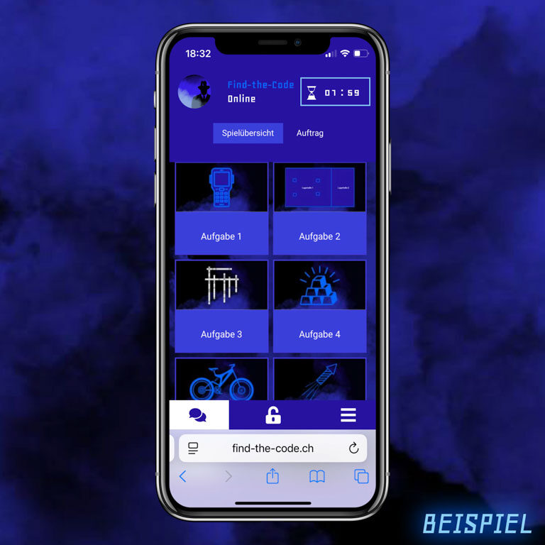 find-the-code-chat-spiel-14 Auf dem Bild sieht man einen Handybildschirm auf einem blauen rauchigen Hintergrund. Auf dem Handy sieht man den Chat mit dem Kriminellen des Spiels Find-the-Code.