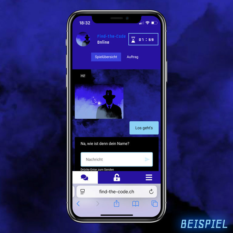 find-the-code-chat-spiel-15 Auf dem Bild sieht man einen Handybildschirm auf einem blauen rauchigen Hintergrund. Auf dem Handy sieht man den Chat mit dem Kriminellen des Spiels Find-the-Code.