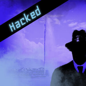 Dies ist das Titelbild des Find-the-Code Genf Hacked Spiel - Erdbeben. Dieses Bild zeigt den verrückten Kriminellen von Find-the-Code, dem Outdoor Escape Game, als Schatten vor der Altstadt in Genf mit dem Jet d'eau. Im Hintergrund ist der Jet d'Eau zu sehen. Weiter hinten sieht man ein kleines Stück des Sees.
