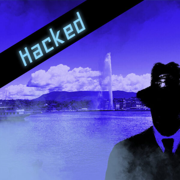 Dies ist das Titelbild des Find-the-Code Genf Hacked Spiel - Erdbeben. Dieses Bild zeigt den verrückten Kriminellen von Find-the-Code, dem Outdoor Escape Game, als Schatten vor der Altstadt in Genf mit dem Jet d'eau. Im Hintergrund ist der Jet d'Eau zu sehen. Weiter hinten sieht man ein kleines Stück des Sees.