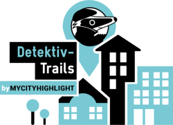 Dieses Bild zeigt das Logo von den Detektiv-Trails, der Schatzsuche mit Detektiv Dachs. Dies ist ein Produkt der MyCityHighlight. Auf dem Logo hat es 3 Häuser und den Kopf von Detektiv Dachs in einem Location Pin. Das Logo ist in den Farben Türkis, Weiss und Schwarz.